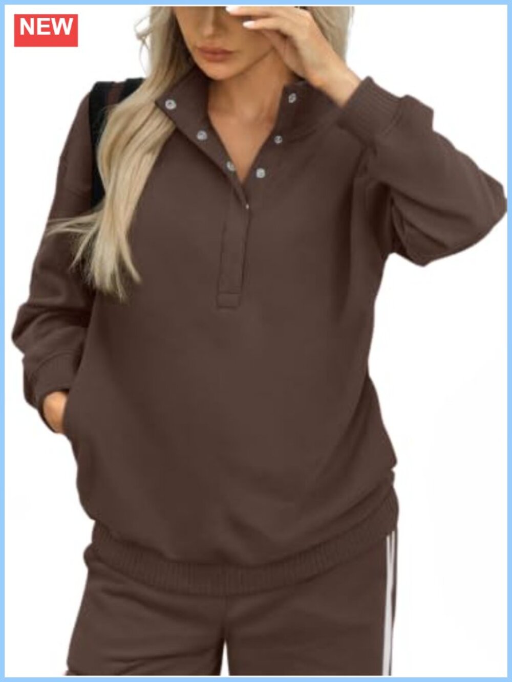Oversized French Terry Sweatshirt Snap Mock Neck Pullover Pocket